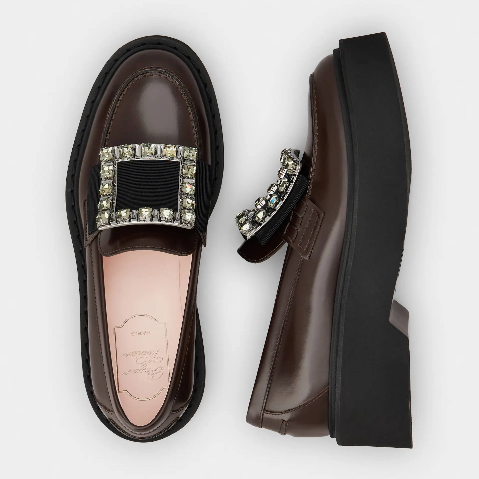 Roger Vivier Viv' Rangers Loafers In Brown Leather With Crystal Buckle (Heel Height 5.5cm) - 图片 3