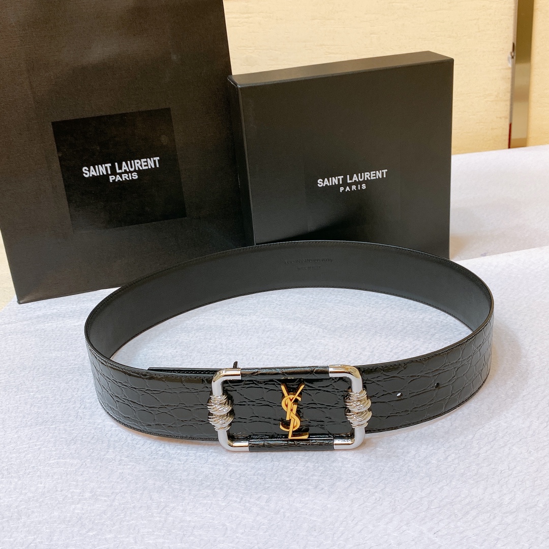 Saint Laurent Cintura Logo Buckle Belt In Black Crocodile-Embossed With Silver/Gold Hardware 30mm - 图片 3