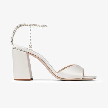 JIMMY CHOO Crystal chain ivory white satin sandals with wide high heels