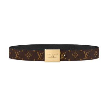 Louis Vuitton Women's Square Buckle Reversible Belt In Black Calfskin And Monogram Canvas With Gold Hardware 35mm