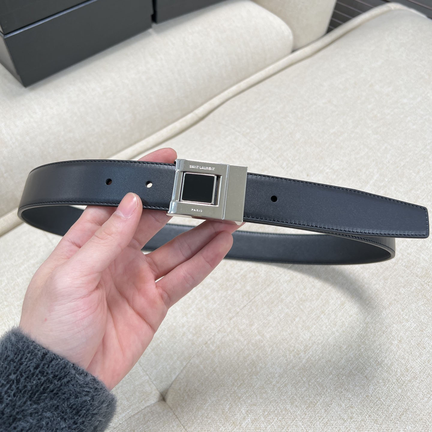 Saint Laurent Square Buckle Belt In Black/Burgundy Calfskin With Gold Hardware 30mm - 图片 7