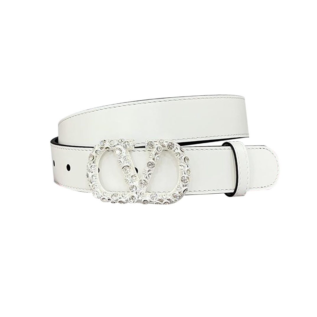 Valentino V Buckle With Crystal Belt In Black/Brown/Red/White Calfskin With Gold/Silver Hardware 30mm - 图片 8