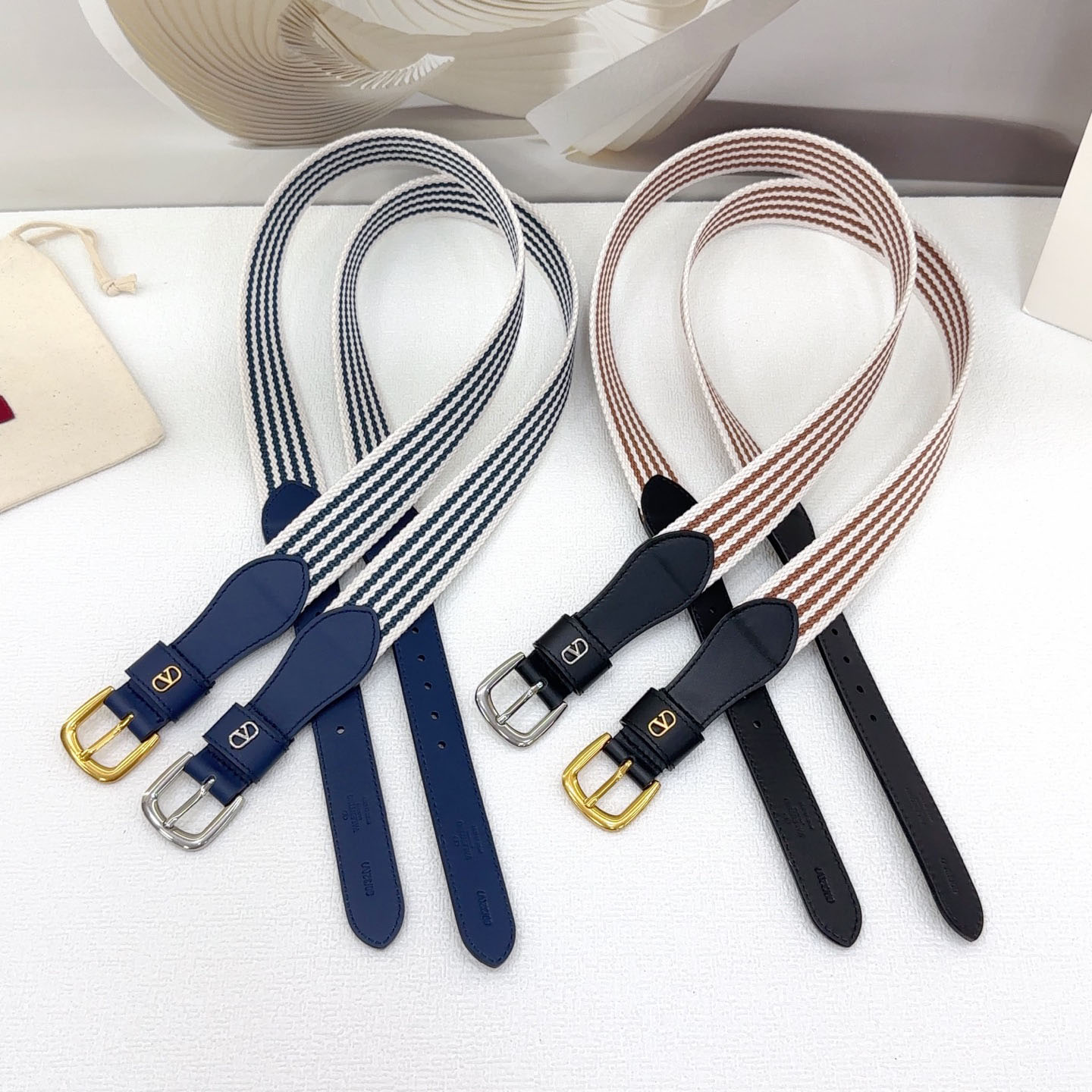 Valentino Square Buckle Belt In Black/Blue Calfskin And Brown/Blue Canvas With Gold/Silver Hardware 25mm - 图片 5
