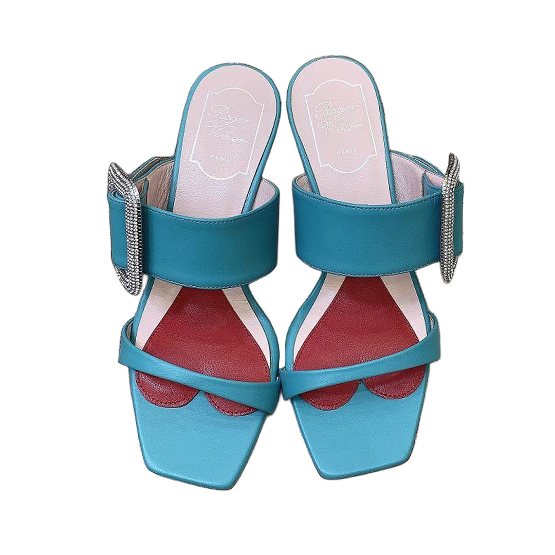 Roger Vivier Viv' Rangers Mules Sandals In White/Black/Blue Leather With Crystal Buckle (Heel Height 5.5cm) - 图片 2