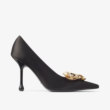 JIMMY CHOO Black satin floral embellished heels