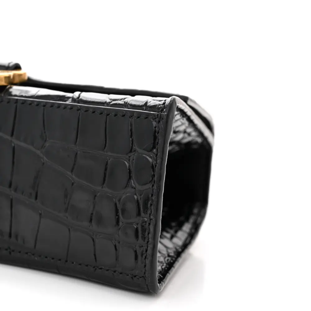 Balenciaga XS Hourglass Top Handle Bag Black Crocodile Embossed Shiny Calfskin Leather Gold Hardware - 图片 4