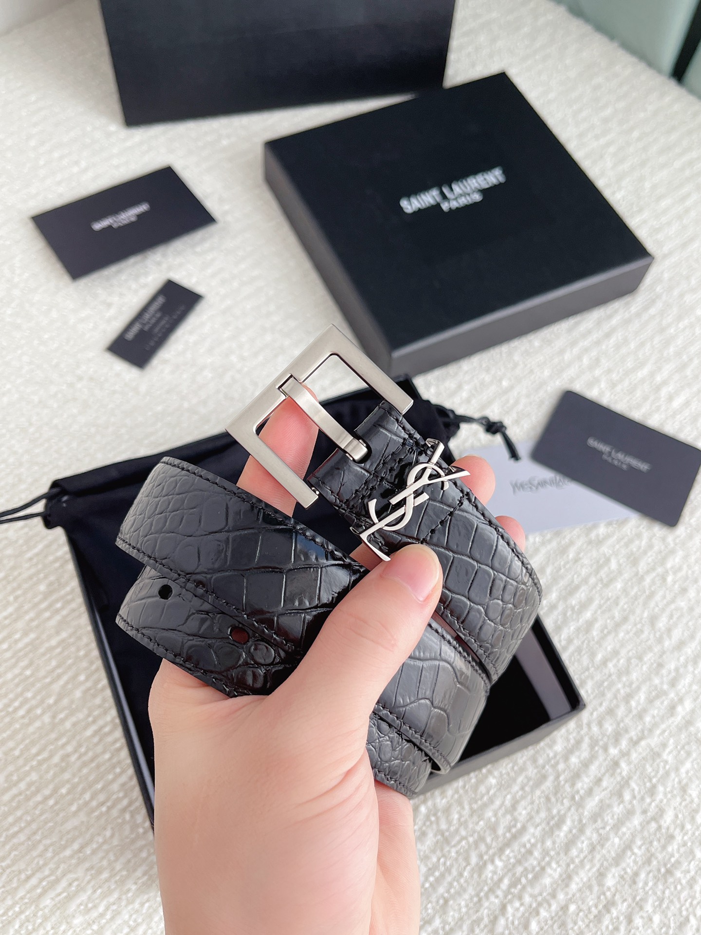 Saint Laurent Cassandre Belt In Black Crocodile-Embossed Calfskin With Gold/Silver/Black Hardware 30mm - 图片 10