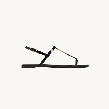 Yves Saint Laurent YSL logo patent leather black flat sandals