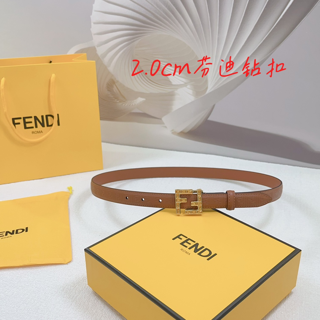 Fendi Women's FF Squared Buckle Belt In Black/Brown/Grey/Beige/White Calfskin With Gold Hardware 20mm - 图片 2