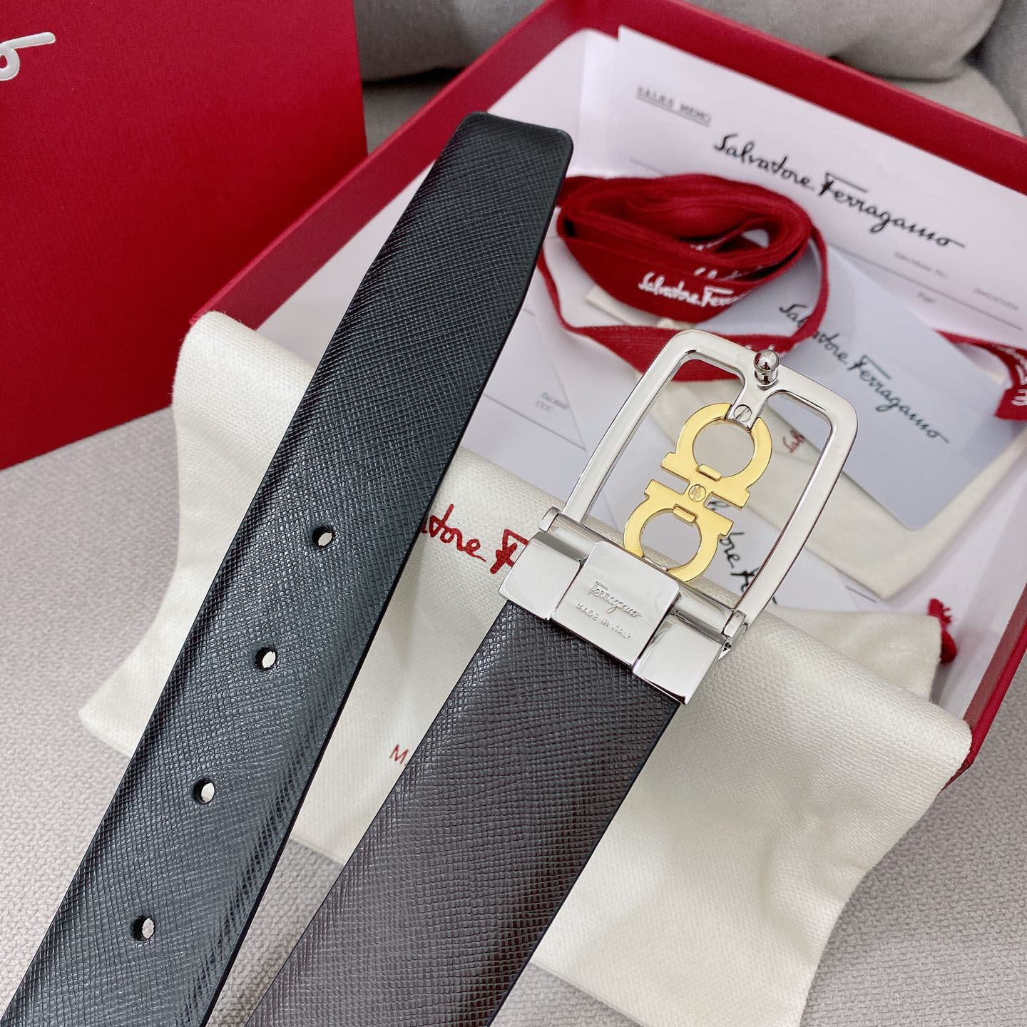 Ferragamo Men's Square Buckle Belt In Black/Coffee Grained Calfskin With Gold/Silver Hardware 35mm - 图片 5