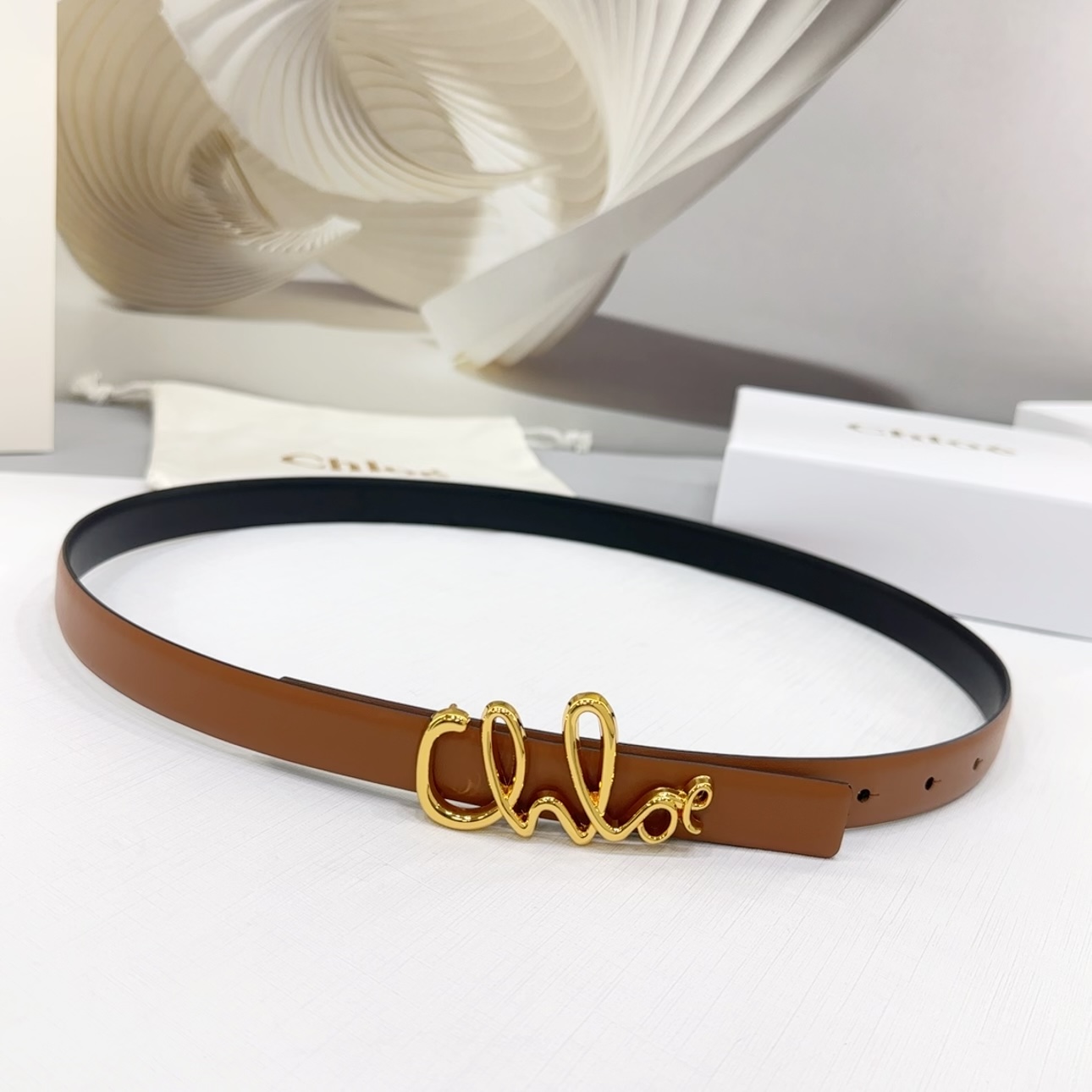 Chloe Logo Buckle Belt In Gold/Khaki/Brown/Red/Pink Calfskin With Gold Hardware 20mm - 图片 4