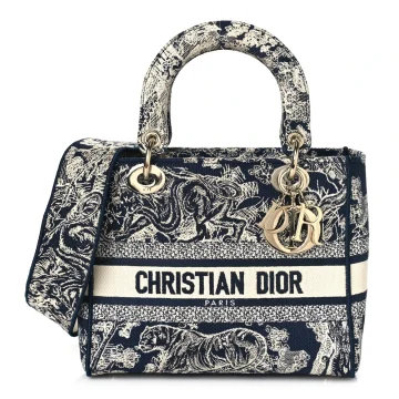 Dior Medium Toile De Jouy Lady D-Lite Blue Embroidered Canvas Gold Hardware