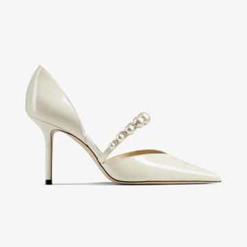 JIMMY CHOO Pearl embellished latte-colored lacquered leather pointed high heels