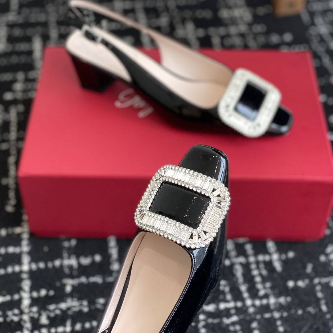 Roger Vivier Belle Viver Slingback Pumps High Heels In Black Patent Leather With Crystal Buckle (Heel Height 4.5cm) - 图片 6