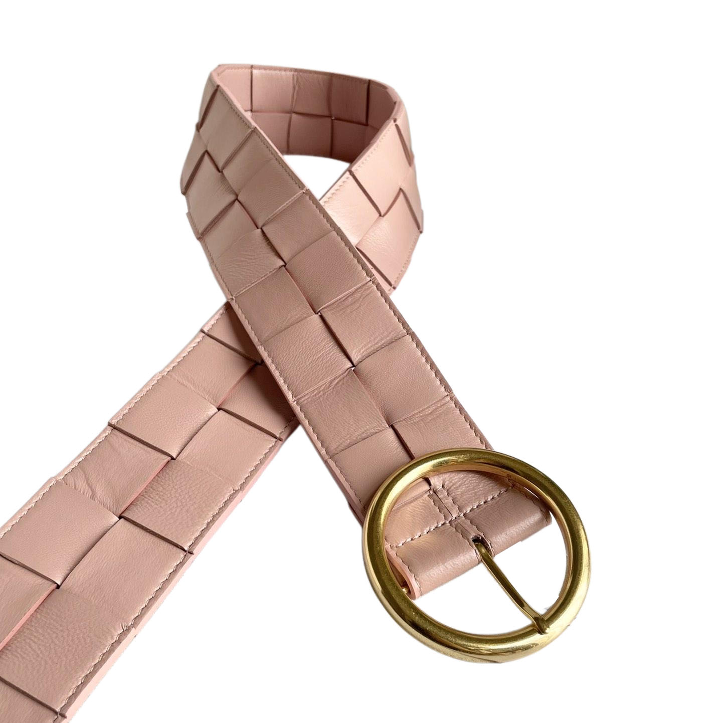 Bottega Veneta Women's Round Buckle Maxi Intrecciato Adjustable Belt In Pink/Blue/White/Coffee/Black Calfskin With Gold Hardware 60mm - 图片 3