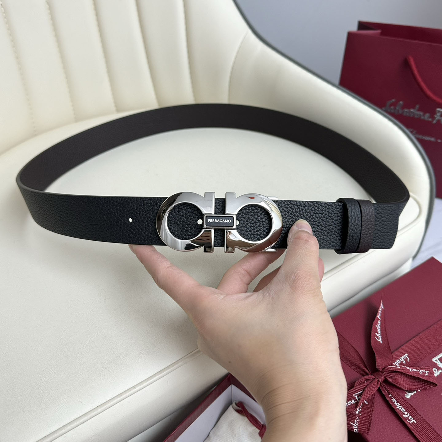 Ferragamo Men's Double Gancini Buckle Belt In Black Grained Calfskin With Gold/Silver/Black Hardware 35mm - 图片 4