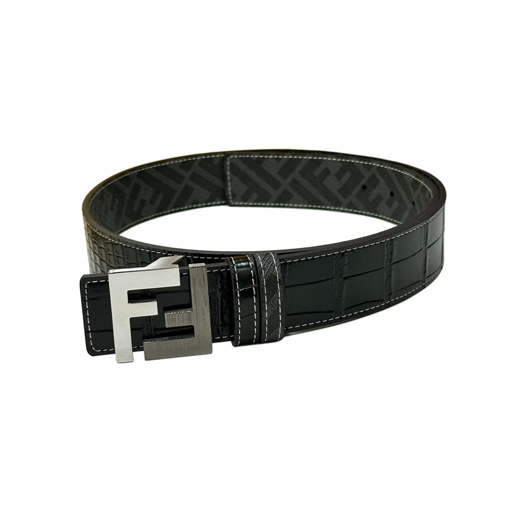 Fendi Men's Squared FF Buckle Belt In Black Crocodile-Embossed Calfskin And Monogram Canvas With Gold/Silver/Gun Black Hardware 40mm - 图片 3