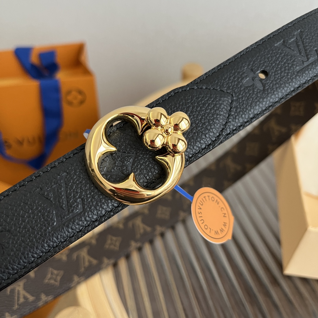 Louis Vuitton Women's Flowergram Round Buckle Reversible Belt In Black/White/Brown Calfskin And Monogram Canvas With Gold Hardware 30mm - 图片 4