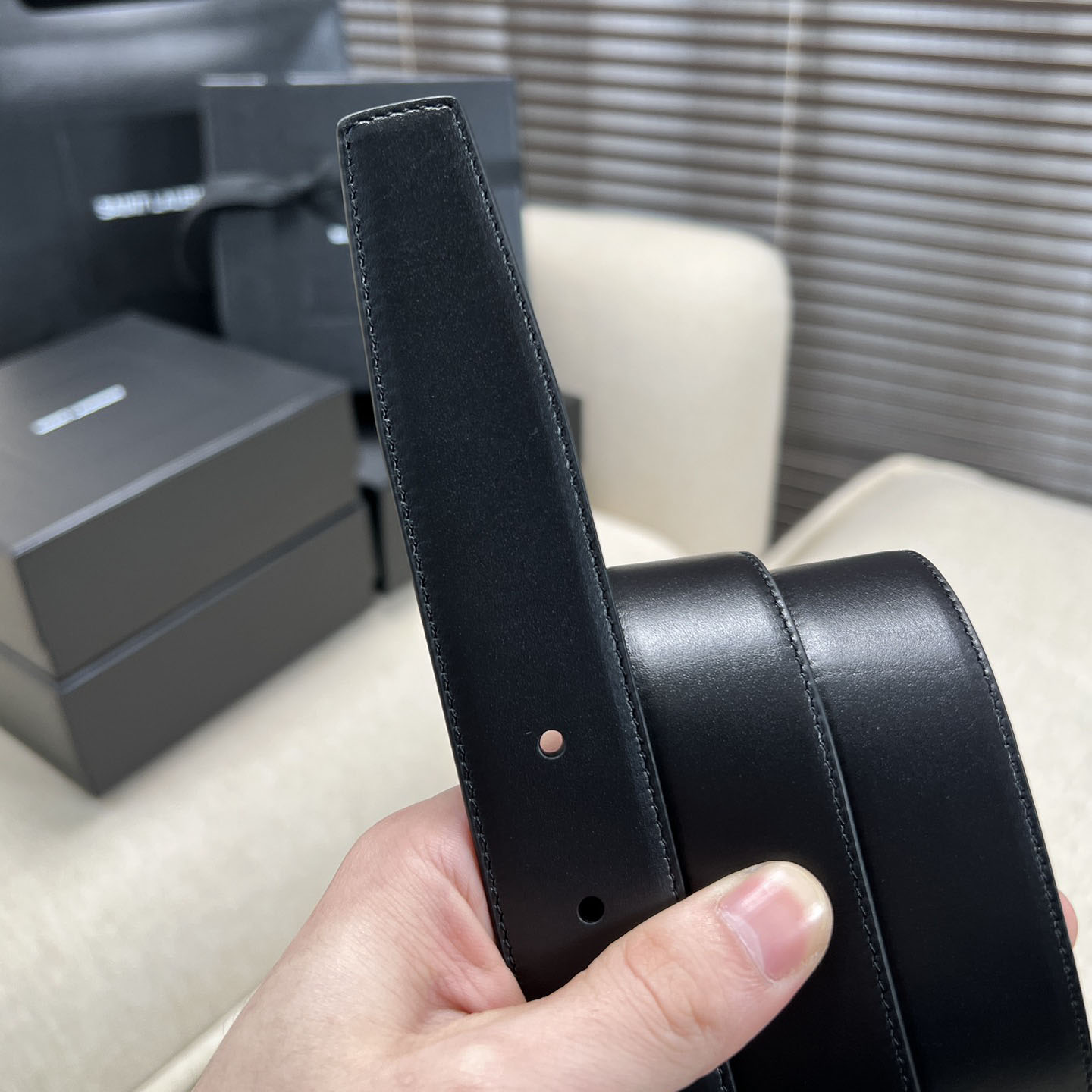 Saint Laurent Square Buckle Belt In Black/Burgundy Calfskin With Gold Hardware 30mm - 图片 10
