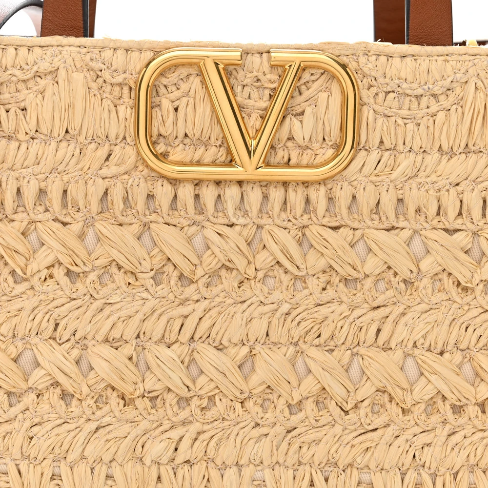 Valentino Garavani Small VLogo Signature Tote Natural/Saddle Brown Raffia & Calfskin Leather Gold Hardware - 图片 8
