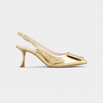 Roger Vivier Viv' In The City Slingback Pumps High Heels In Gold Leather With Covered Buckle (Heel Height 6.5cm)