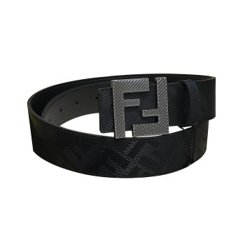 Fendi Men's FF Buckle Belt In Black F Embossed Calfskin With Gun Black Hardware 38mm