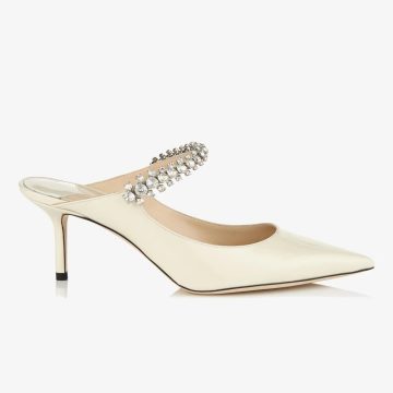JIMMY CHOO Linen-colored patent leather crystal strap Moeller shoes