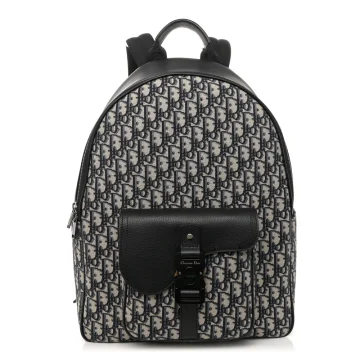 Dior Large Saddle Zip Backpack Black Oblique Canvas & Grained Calfskin Leather Silver Hardware