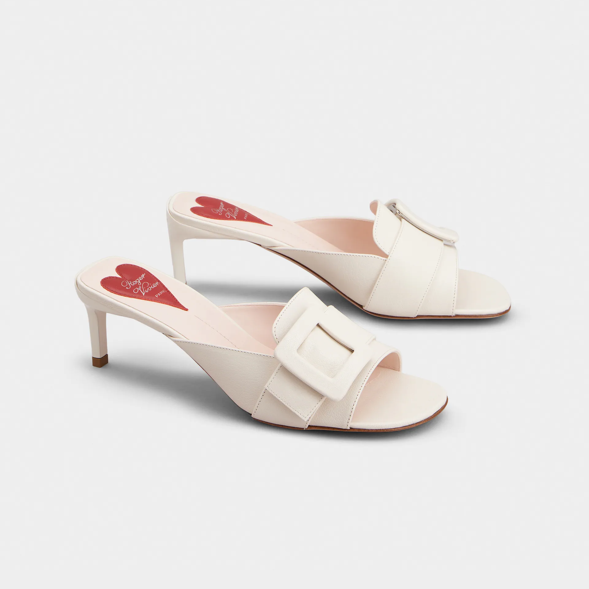 Roger Vivier Viv' Canard Mules Sandals In White Leather With Lacquered Metal Buckle (Heel Height 5.5cm) - 图片 2