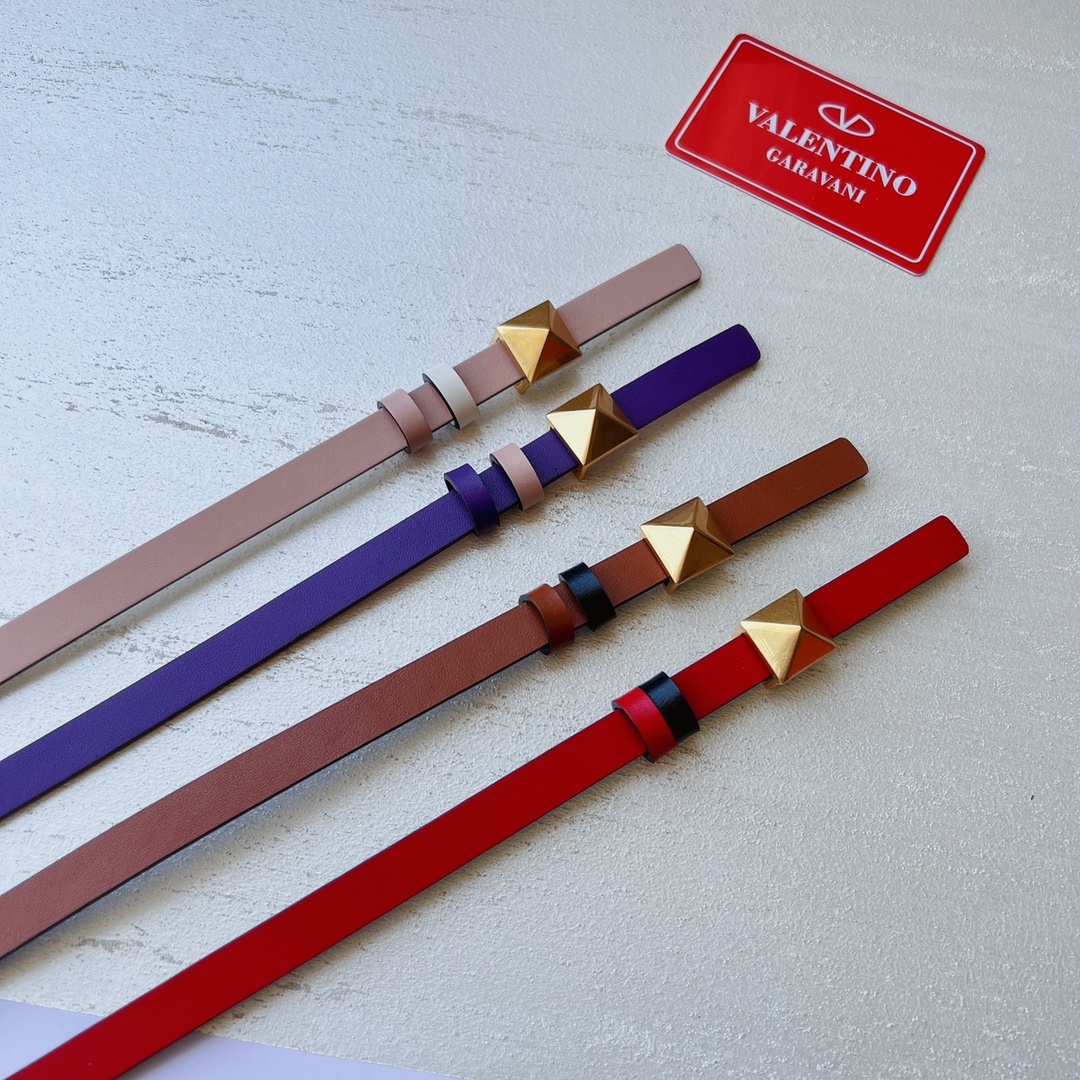 Valentino Rockstud Reversible Belt In Brown/Nude/Purple Calfskin With Gold Hardware 12mm - 图片 4