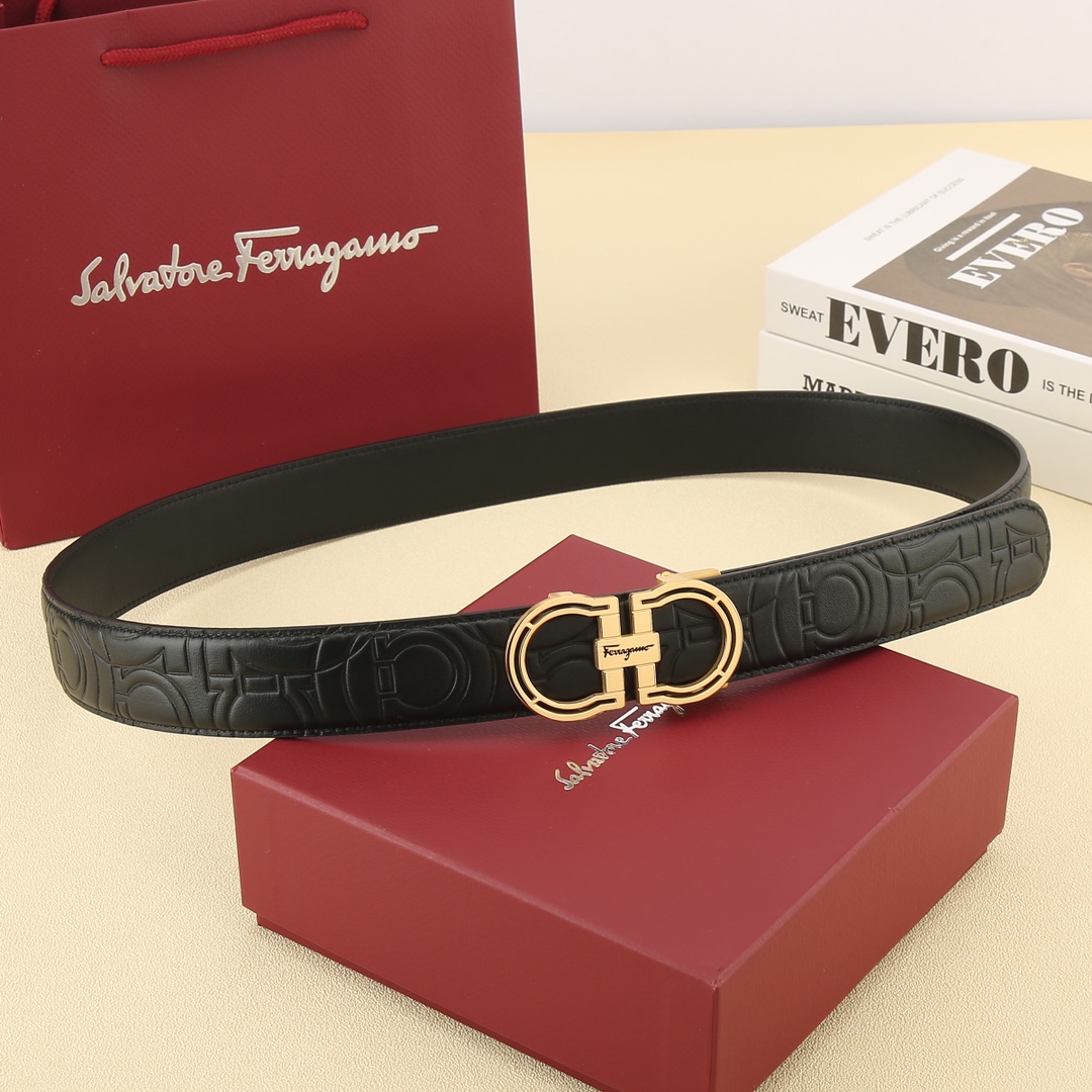 Ferragamo Men's Hollow Double Gancini Buckle Belt In Black Calfskin With Gold/Silver Hardware 35mm - 图片 6