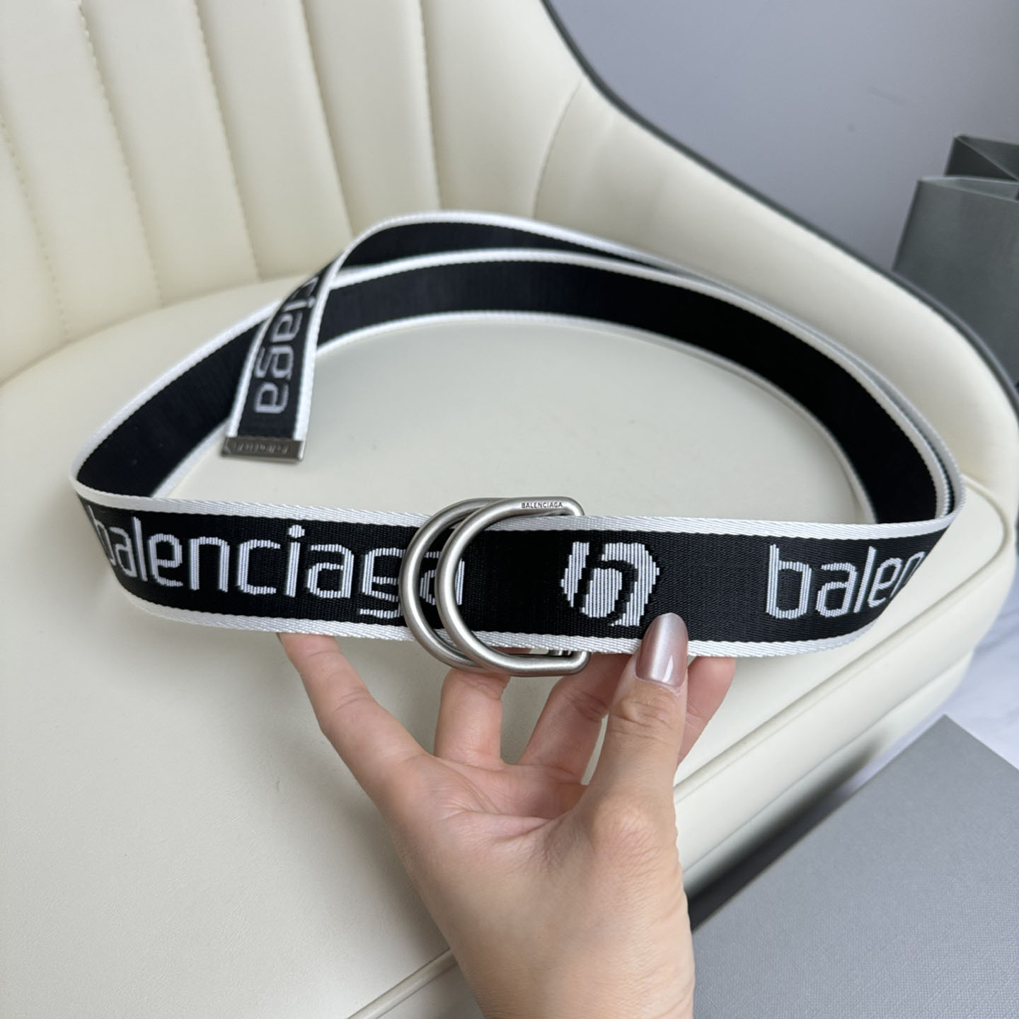 Balenciaga Men's D Ring Adjustable Belt In Balenciaga Black/White/Grey Webbing With Silver Hardware 40mm - 图片 2