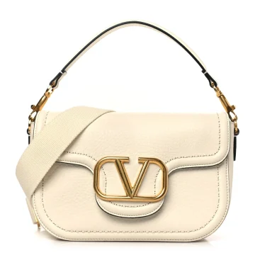 Valentino Garavani Small VLogo Top Handle Shoulder Bag Ivory Pebbled Calfskin Leather Incognito Hardware