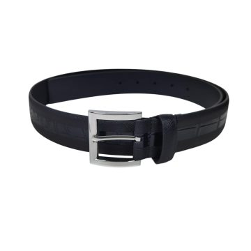 Prada Men' s Square Buckle Belt In Black Embossed Crocodile Calfskin With Silver/Black Hardware 35mm