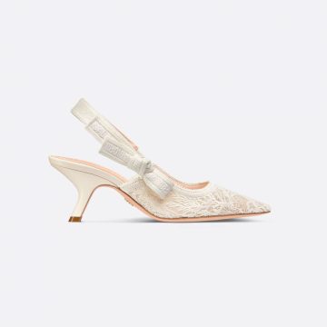 Dior beige white pointy embroidered stiletto heels