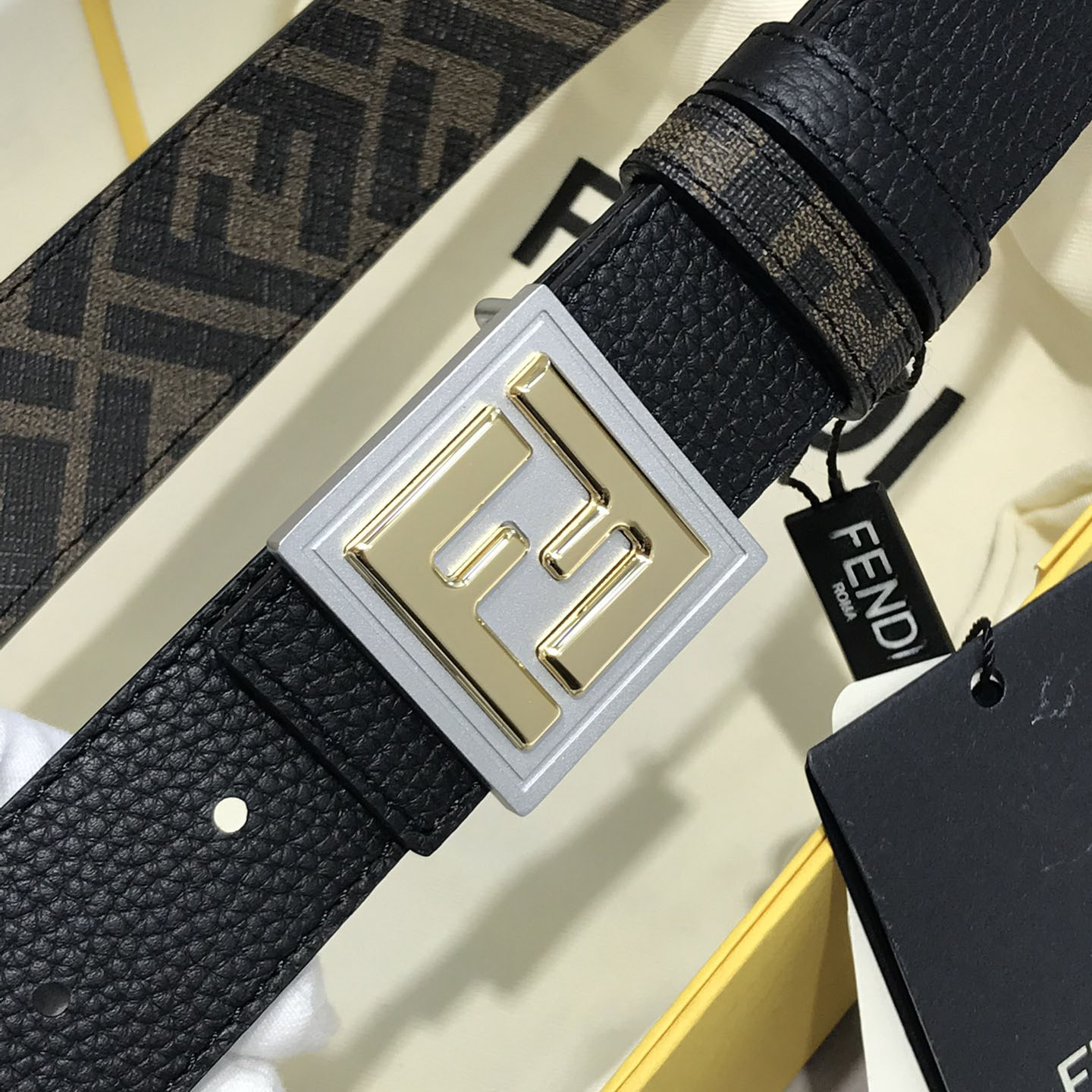 Fendi Men's Square Buckle Belt In Black/Brown Grained Calfskin And Monogram Canvas With Gold/Silver Hardware 35mm - 图片 2