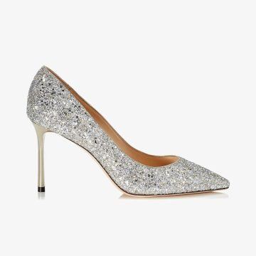 JIMMY CHOO Silver coarse grain glitter fabric pointed heels