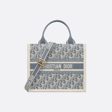 Dior Small Dior Book Tote In Blue Dior Oblique Chambray-Effect Embroidery Canvas and Calfskin Gold Hardware