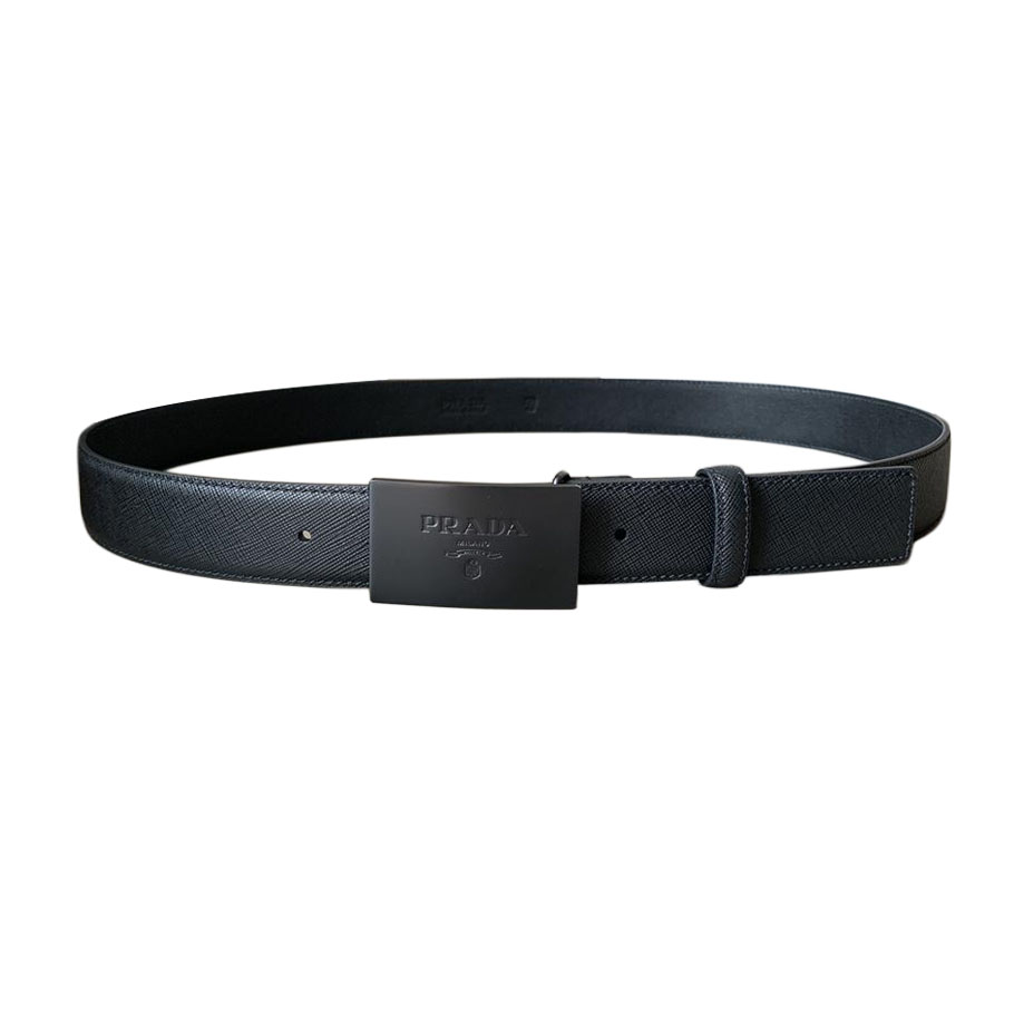 Prada Men' s Square Buckle Belt In Black/Blue Saffiano Calfskin With Silver/Black Hardware 35mm - 图片 3