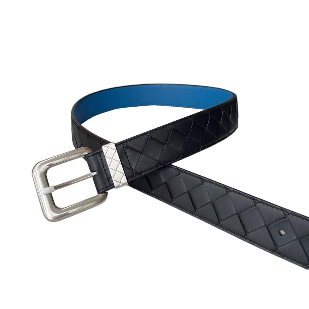 Bottega Veneta Men's Square Buckle Intrecciato Reversible Belt In Blue/Coffee Calfskin With Silver Hardware 35mm - 图片 2
