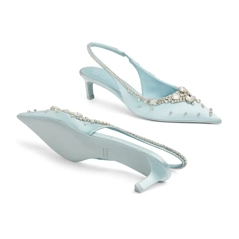 Gucci blue pointed heels crystal high heels shoes Rear lace up high heels - 图片 5