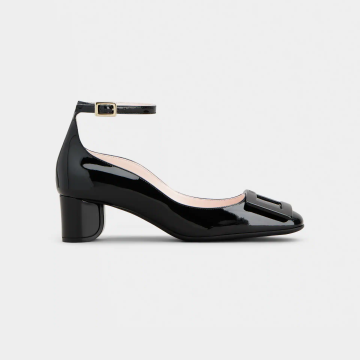 Roger Vivier Ankle Strap U Look Pumps High Heels In Black Patent Leather With Lacquered Metal Buckle (Heel Height 4.5cm)