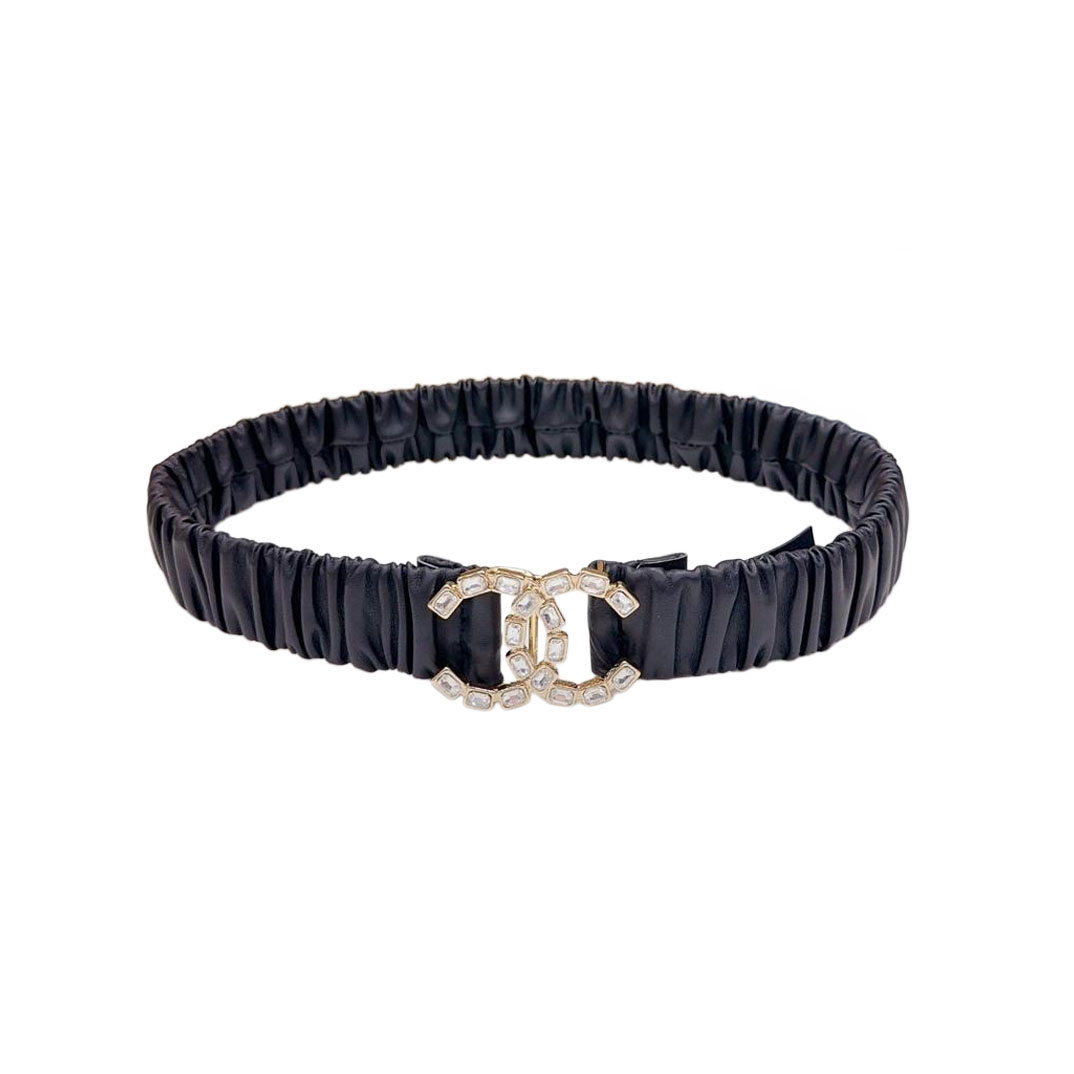 Chanel Women's CC Crystal Buckle Elastic Belt In Champagne Gold/Beige/Black/Red/Silver/Ivory/White Lambskin With Gold/Silver Hardware 30mm - 图片 4