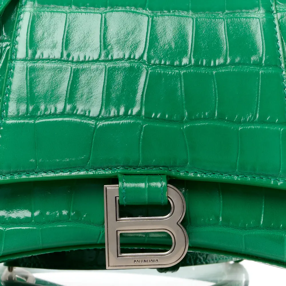 Balenciaga Small Hourglass Top Handle Bag Leaf Green Crocodile Embossed Shiny Calfskin Leather Silver Hardware - 图片 8