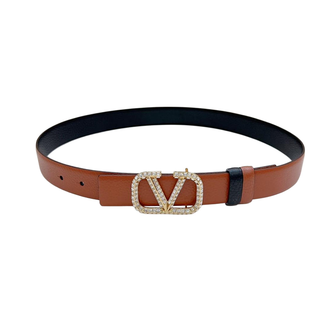 Valentino V Buckle With Crystal Belt In Black/Blue/Pink/Brown/White Calfskin With Gold Hardware 30mm - 图片 3