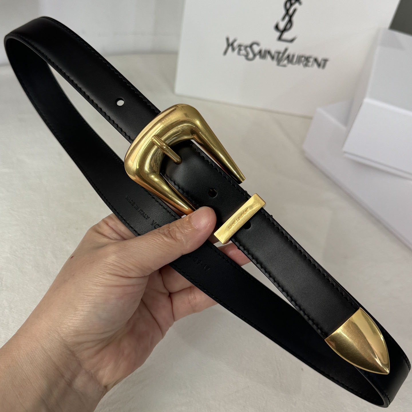 Saint Laurent Folk Buckle Belt In Black Brushed Leather With Gold/Silver Hardware 25mm - 图片 3