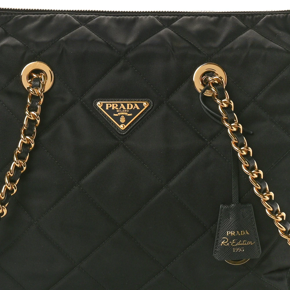 Prada Large Impuntu Triangle Stitched Re-Edition 1995 Chaine Shoulder Bag Black Re-Nylon & Saffiano Leather - 图片 8