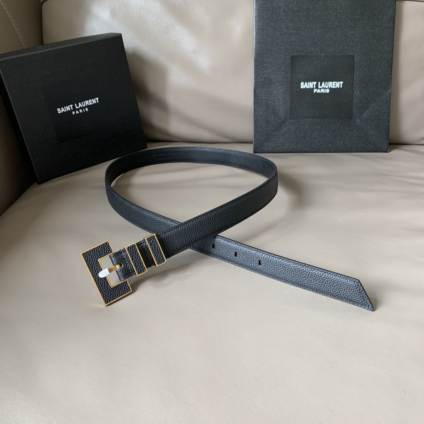 Saint Laurent Carre Rive Gauche Double-Loop Belt In Black Calfskin With Gold/Silver Hardware 25mm - 图片 9
