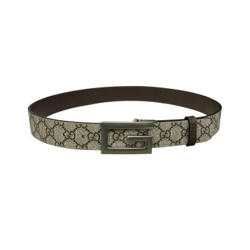 Gucci Men's Square G Buckle Reversible Belt In Black/Brown/Beige Monogram Calfskin And Canvas With Gold/Silver Hardware 25mm