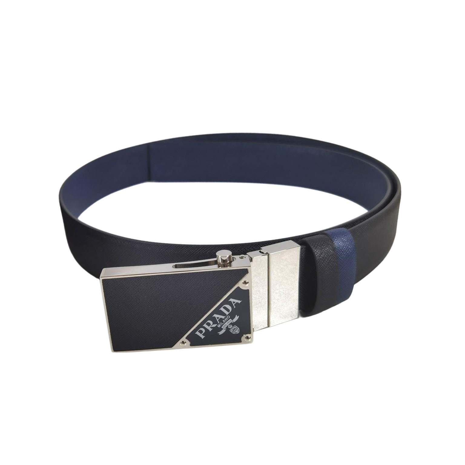 Prada Men' s Square Buckle Belt In Black/Brown/Blue/White Saffiano Calfskin With Silver Hardware 35mm - 图片 2